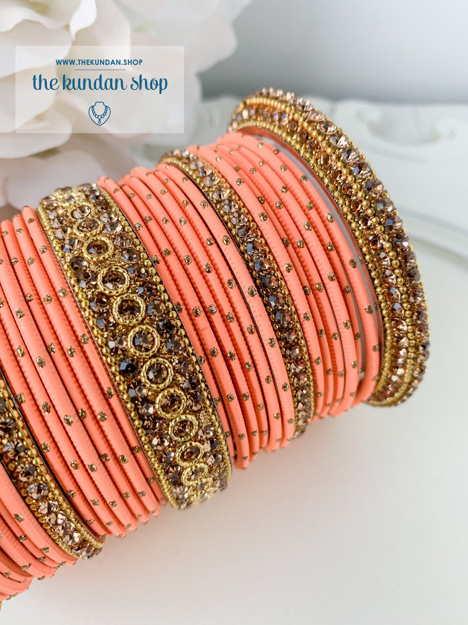 Rhinestone & Dotted Bangles in Peach Bangles THE KUNDAN SHOP 
