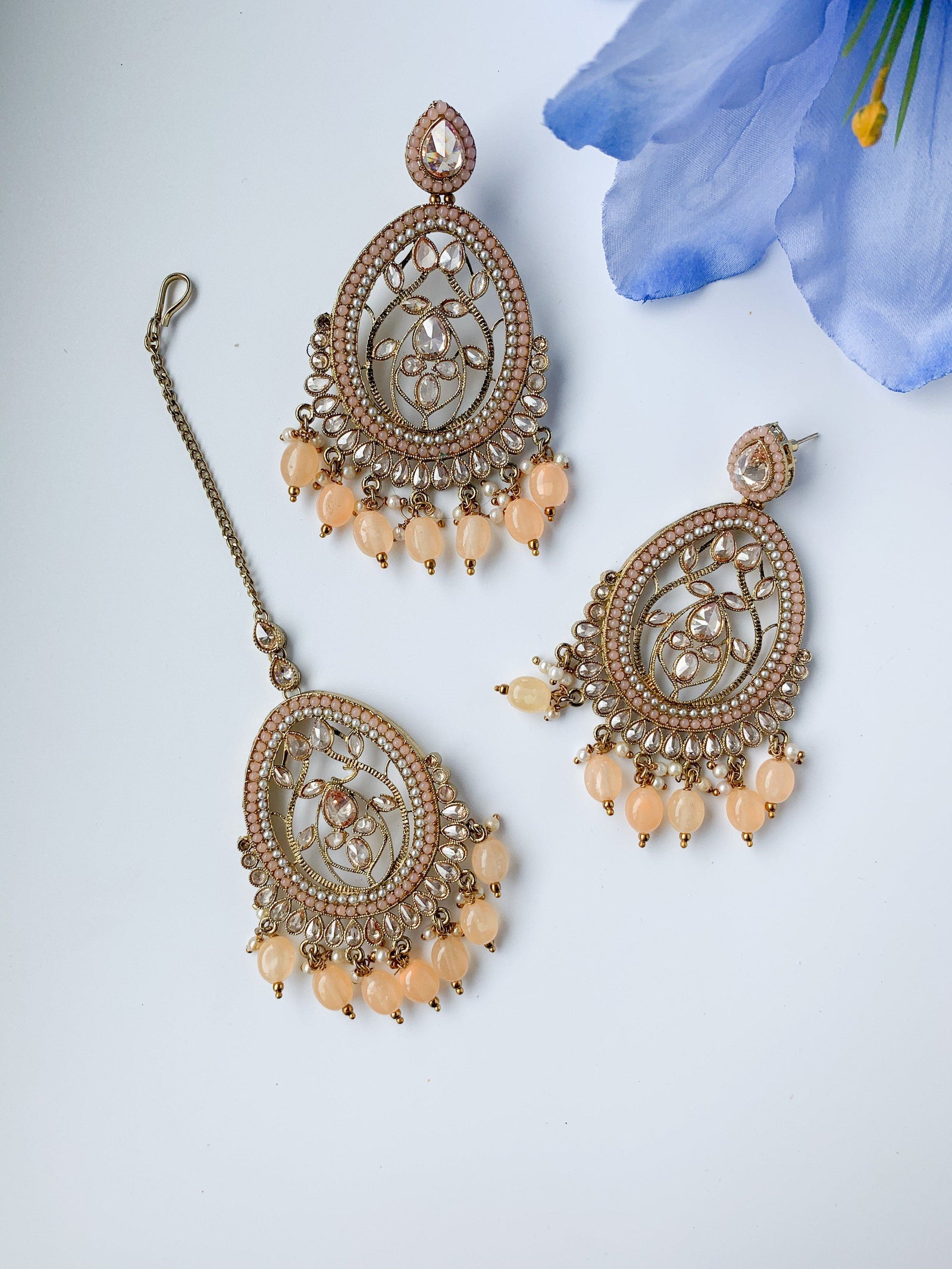 Forgiving in Peach Earrings + Tikka THE KUNDAN SHOP 