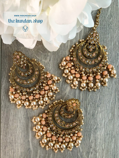 Candid in Peach Earrings + Tikka THE KUNDAN SHOP 