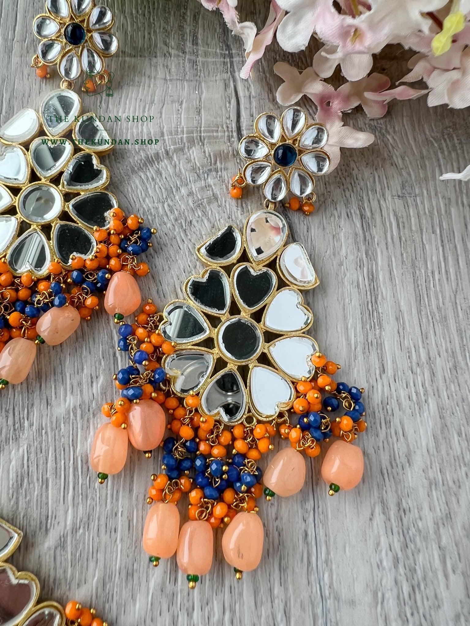 Floral Mirrors in Peach Earrings + Tikka THE KUNDAN SHOP 