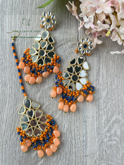 Floral Mirrors in Peach Earrings + Tikka THE KUNDAN SHOP 