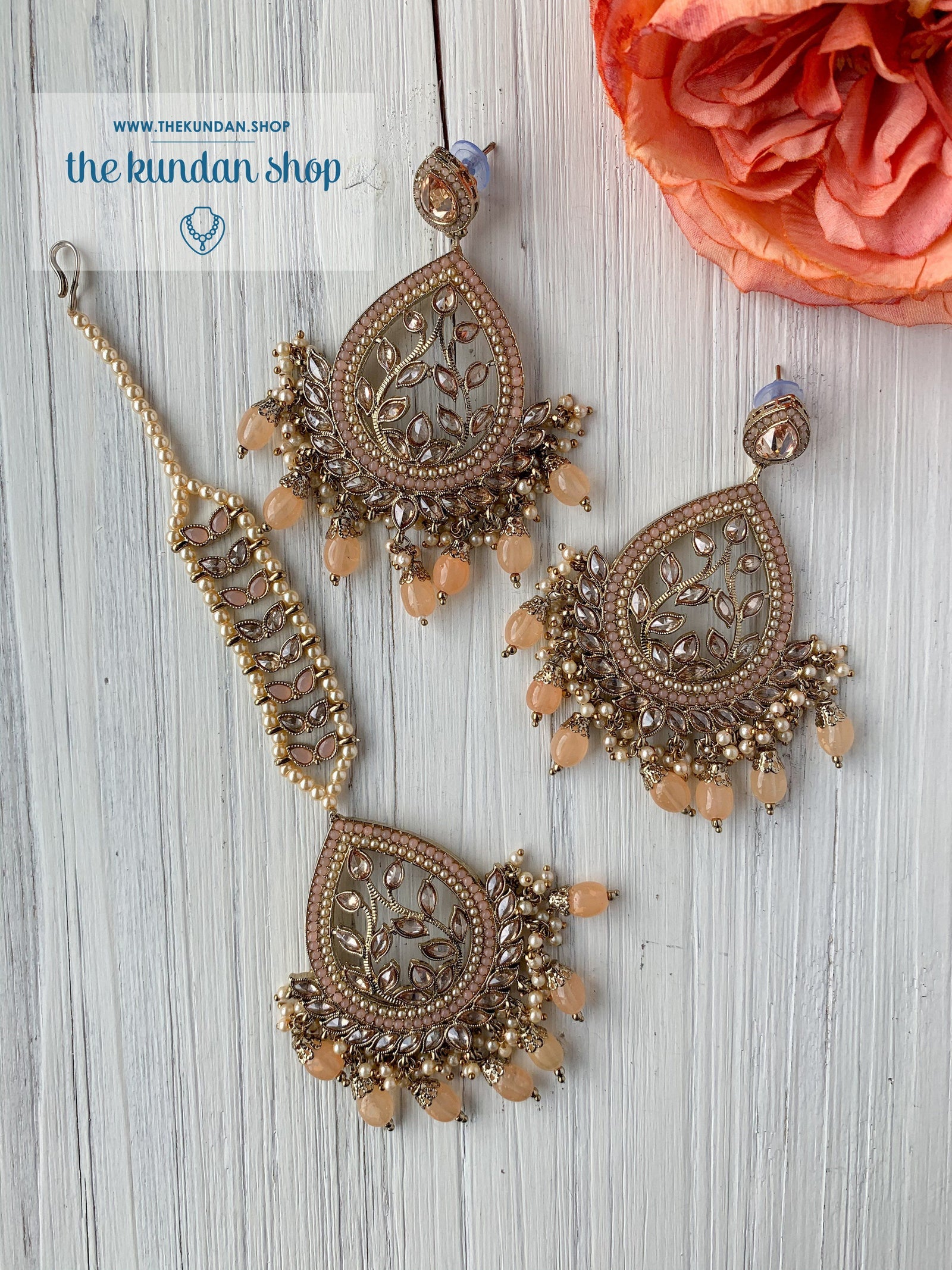 Bold Move - Light Peach Earrings + Tikka THE KUNDAN SHOP 