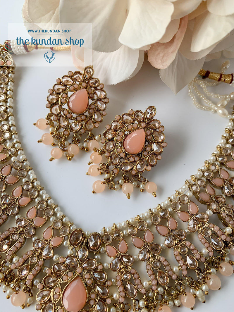 Veiled in Polki, in Peach Necklace Sets THE KUNDAN SHOP 