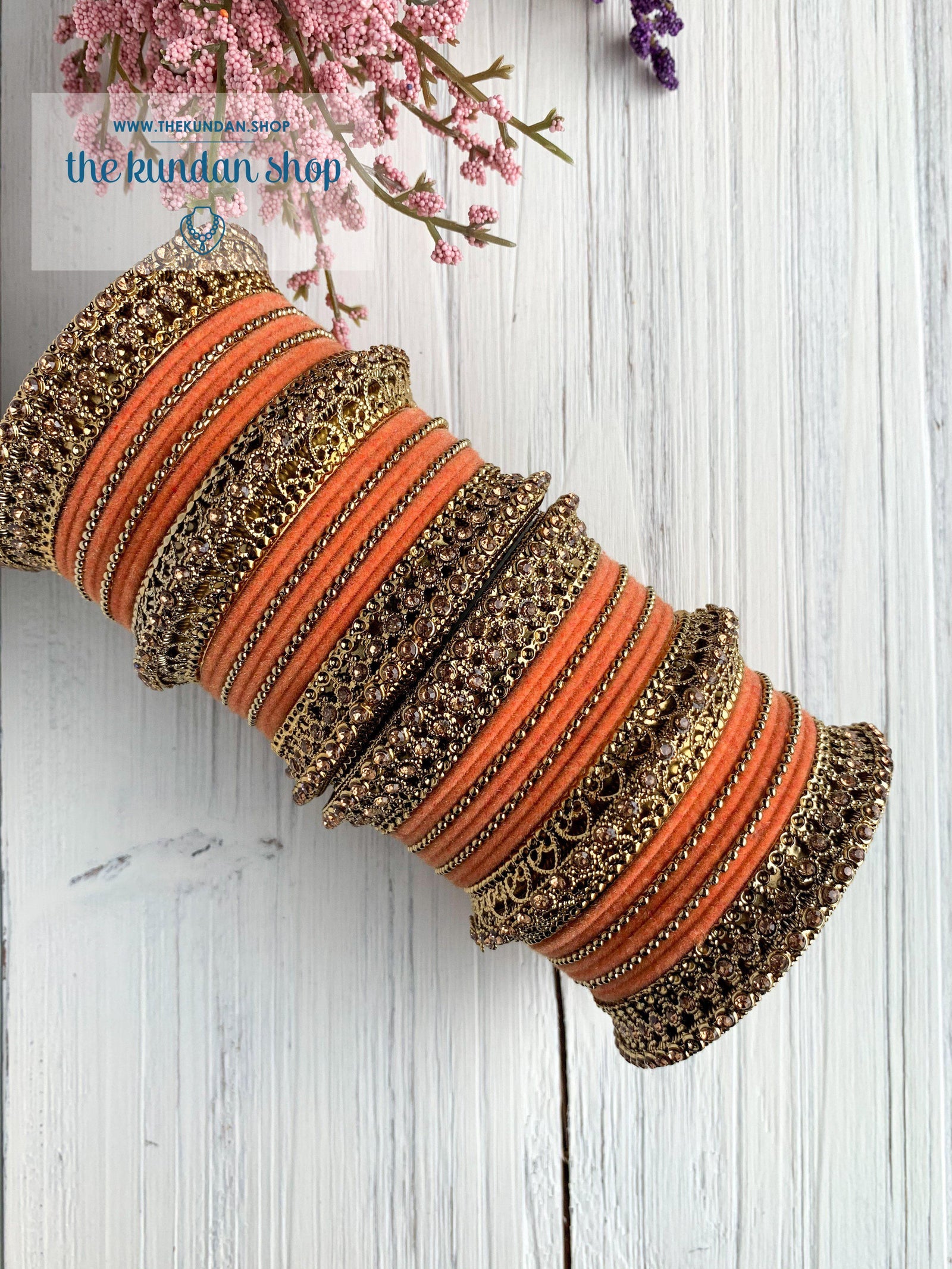 Peach Velvet & Bronze Bangle Set Bangles THE KUNDAN SHOP 