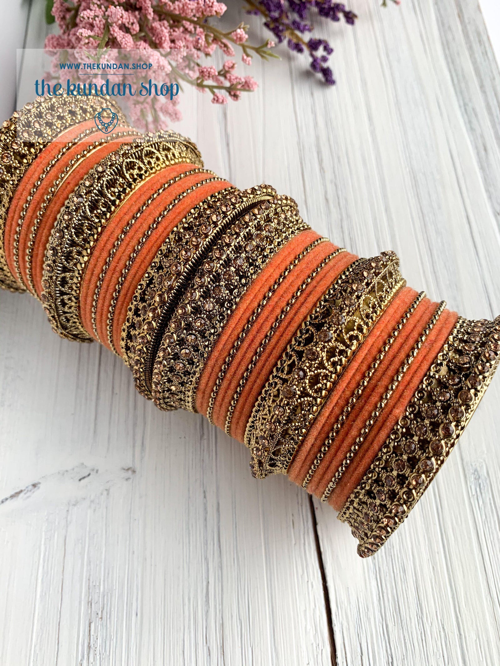 Peach Velvet & Bronze Bangle Set Bangles THE KUNDAN SHOP 