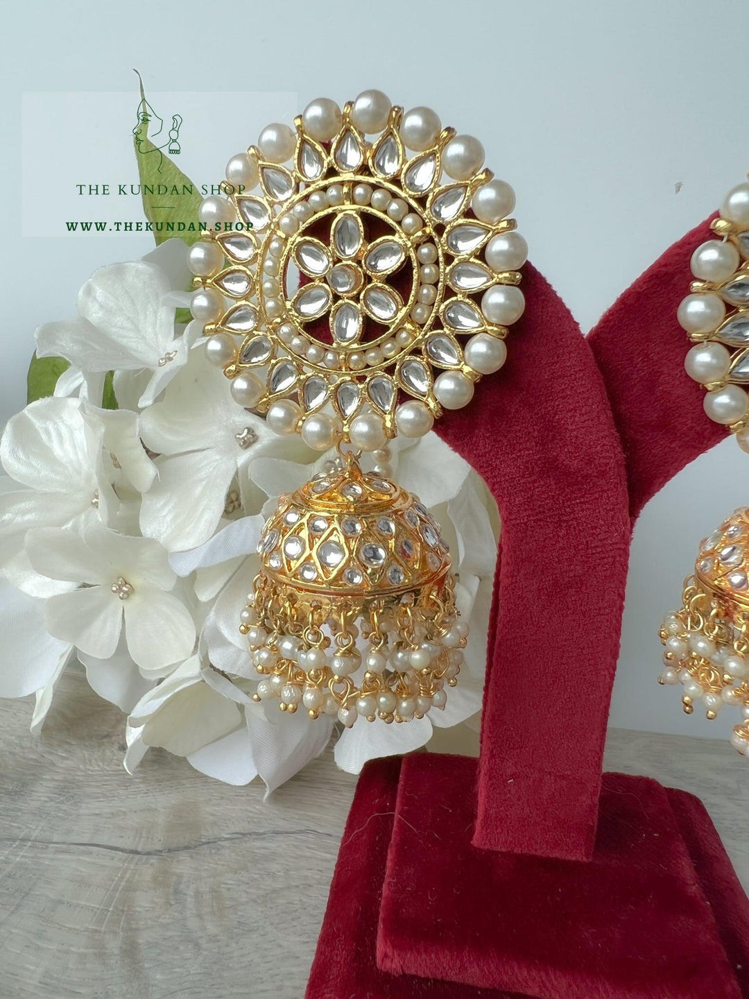 Floret Jhumkis in Pearl Earrings + Tikka THE KUNDAN SHOP 