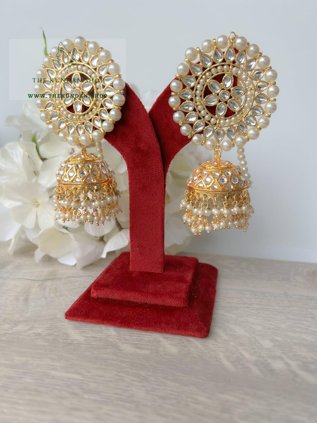 Floret Jhumkis in Pearl Earrings + Tikka THE KUNDAN SHOP 