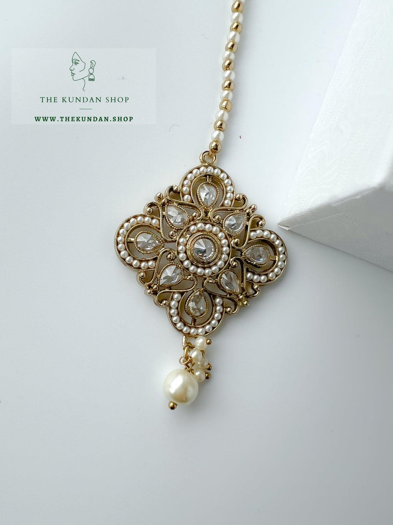 Artful in Pearl in Clear Stone Earrings + Tikka THE KUNDAN SHOP 