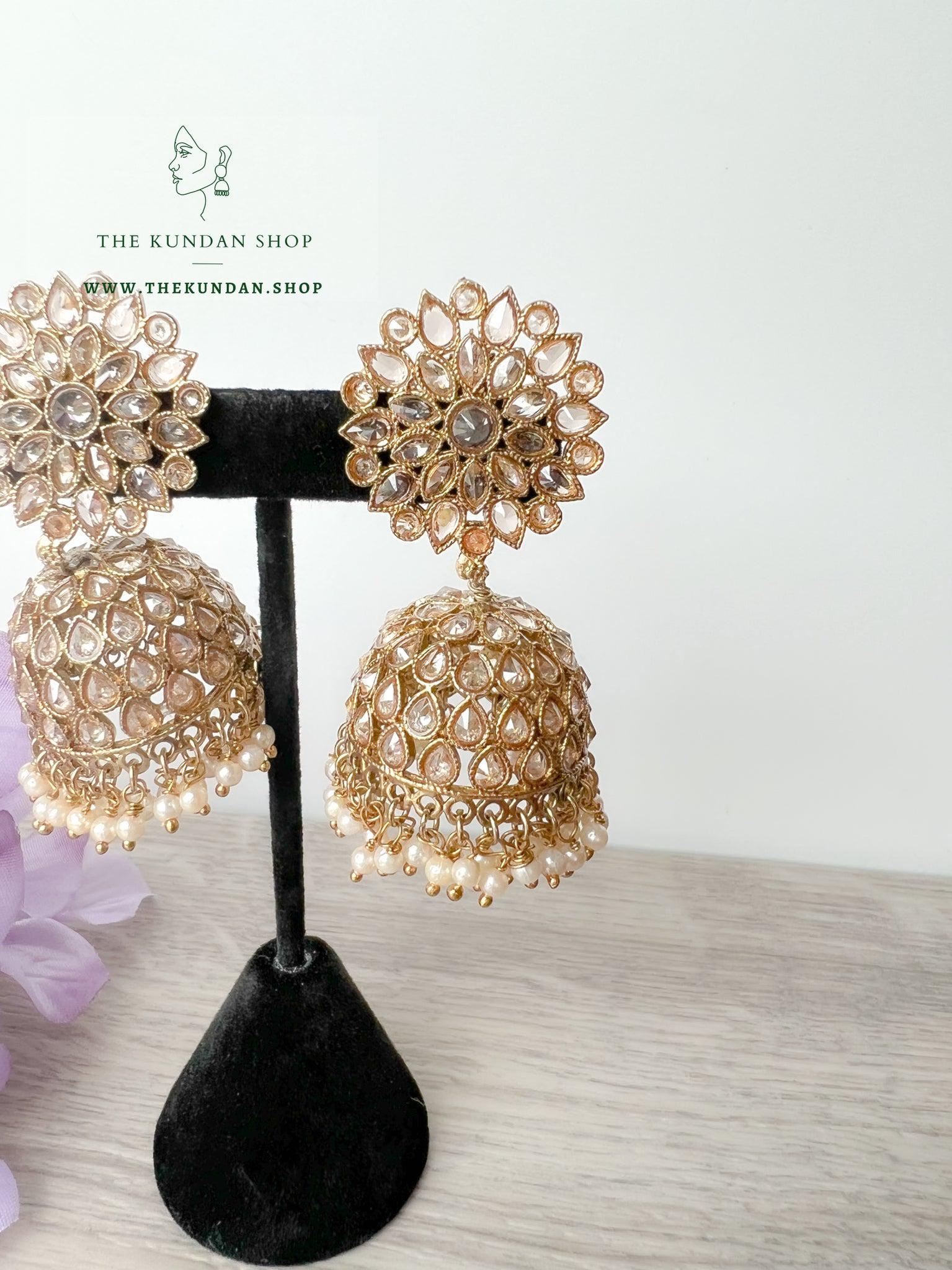 Misty Jhumkis in Pearl Earrings + Tikka THE KUNDAN SHOP 