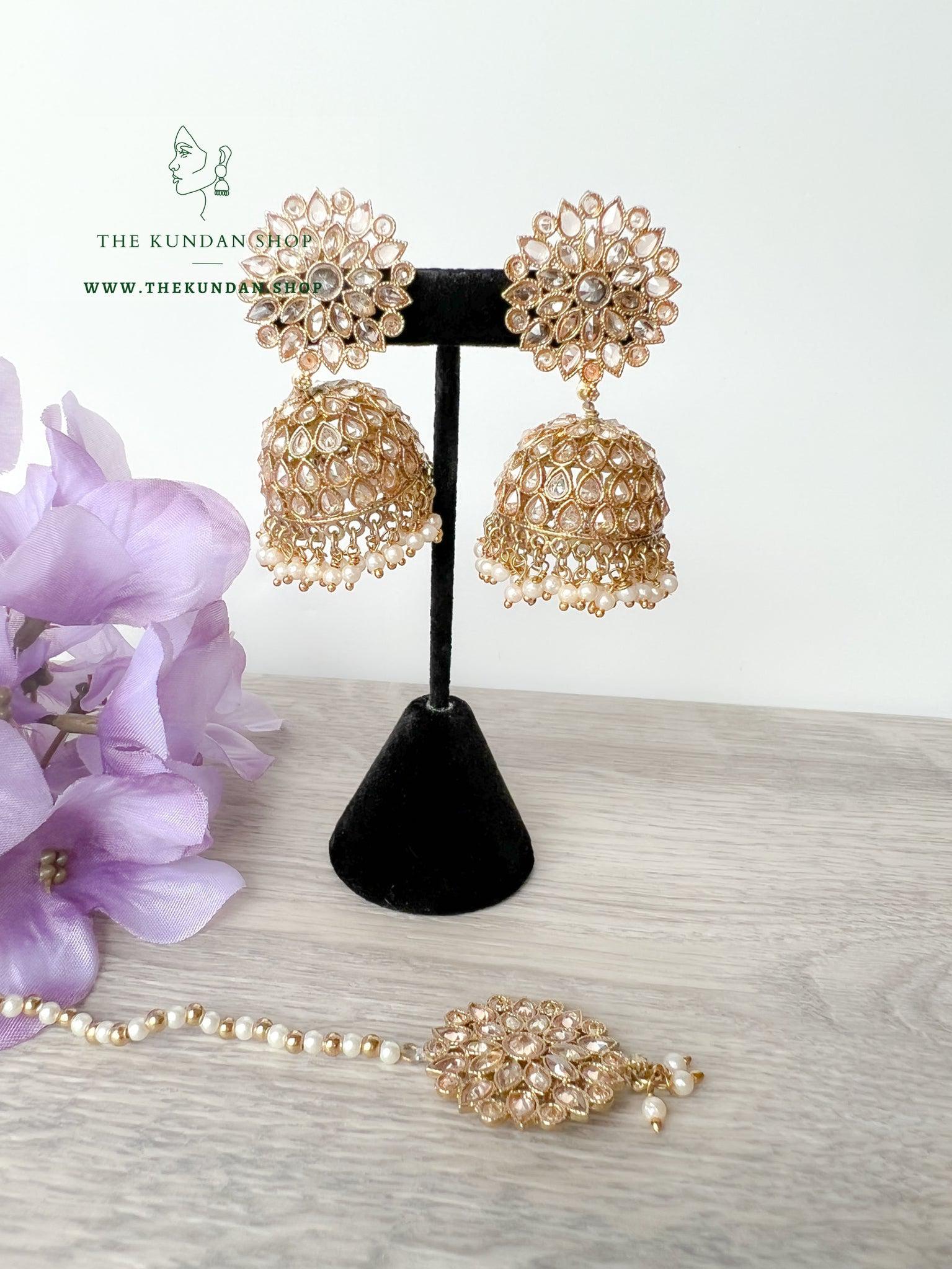Misty Jhumkis in Pearl Earrings + Tikka THE KUNDAN SHOP 