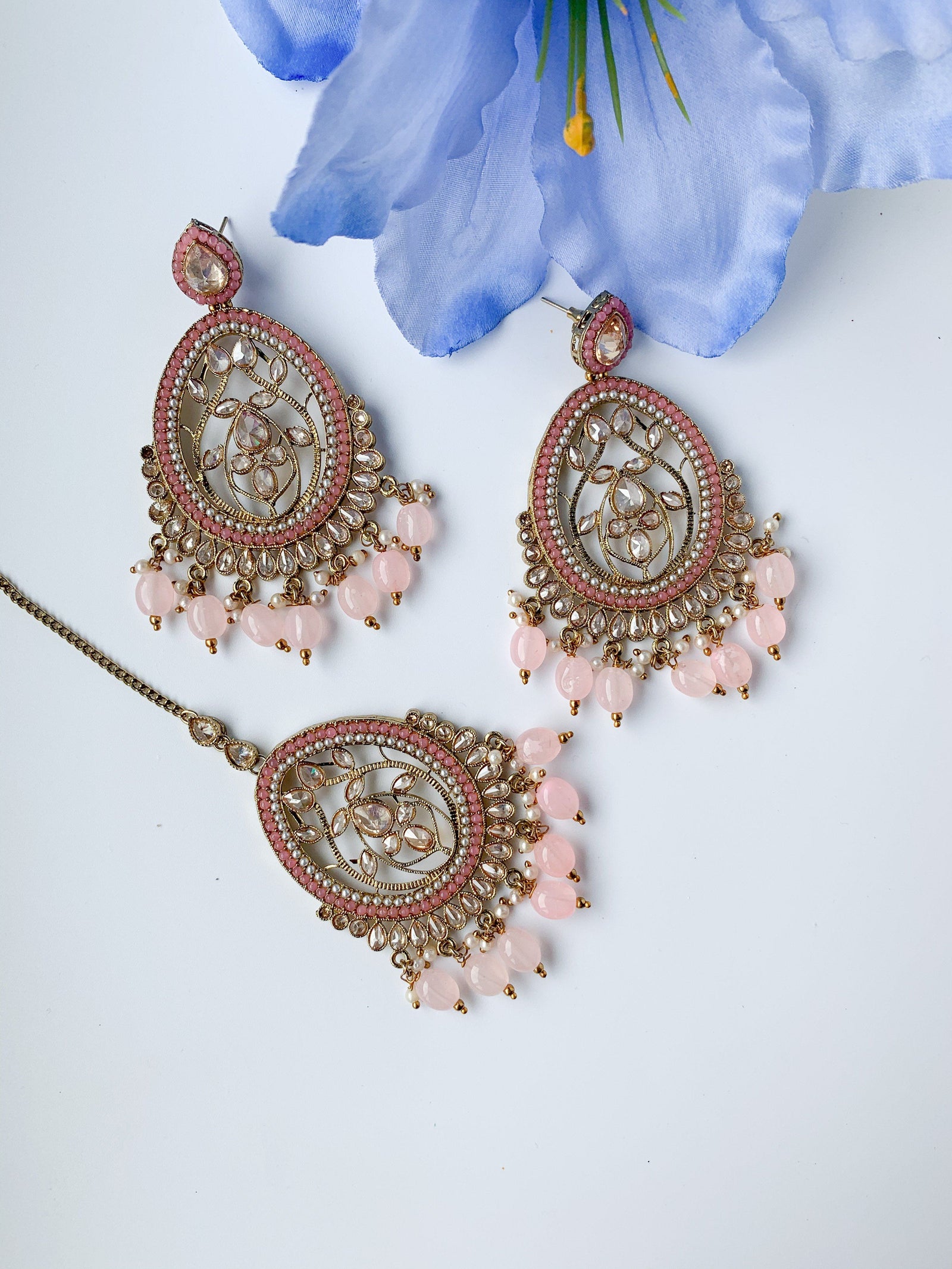 Forgiving in Light PInk Earrings + Tikka THE KUNDAN SHOP 