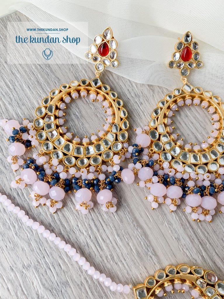Aura in Pink & Blue Earrings + Tikka THE KUNDAN SHOP 