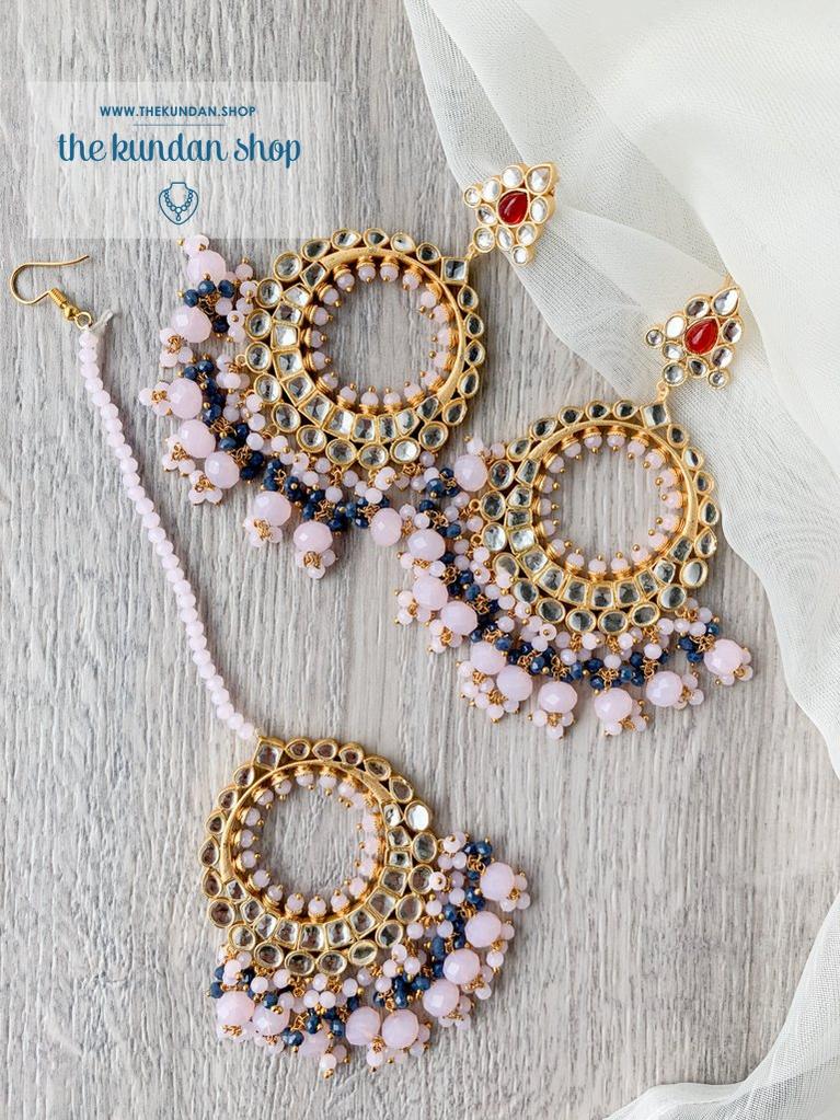 Aura in Pink & Blue Earrings + Tikka THE KUNDAN SHOP 