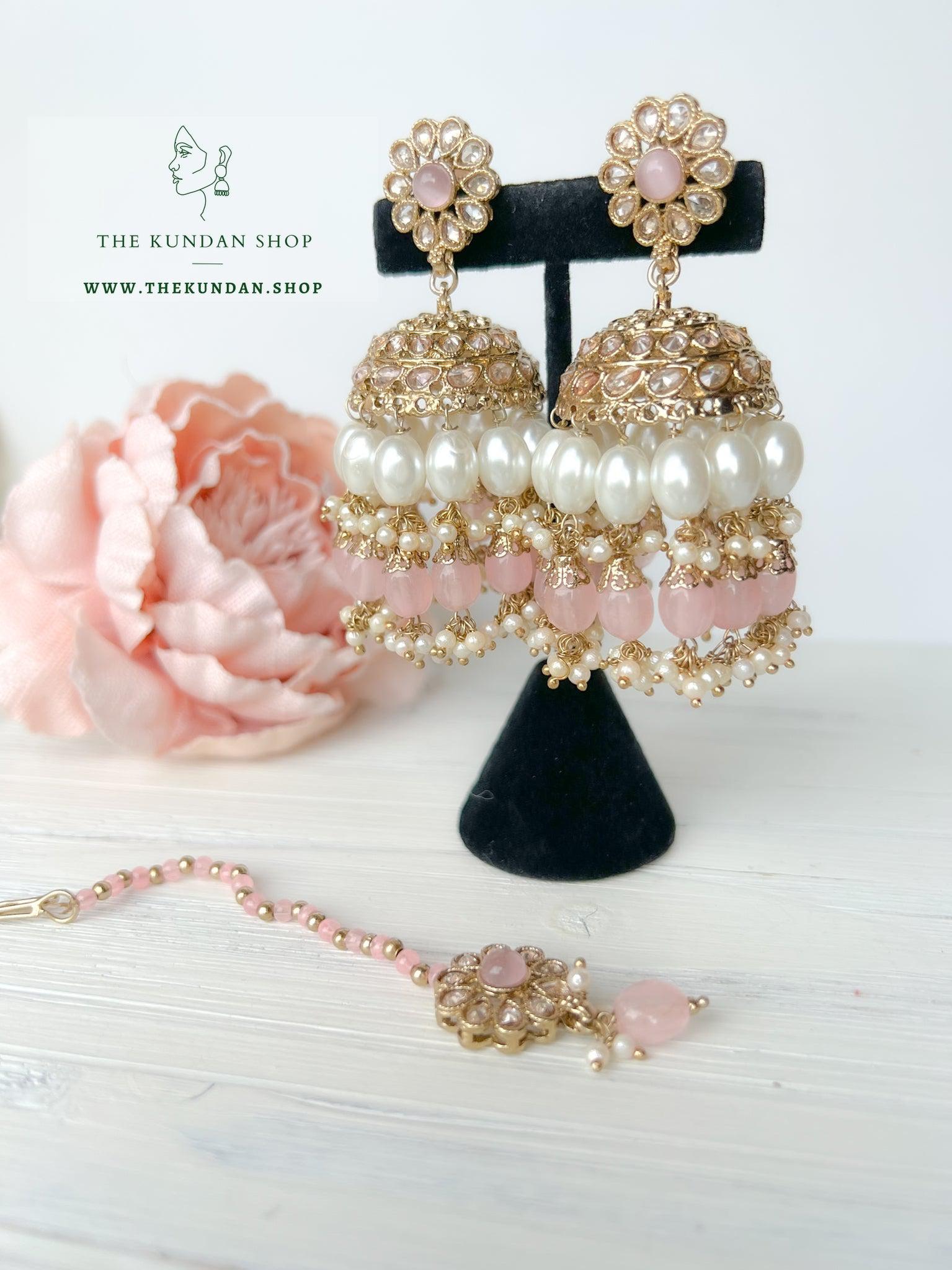 Finery Jhumkis in Pink Earrings + Tikka THE KUNDAN SHOP 