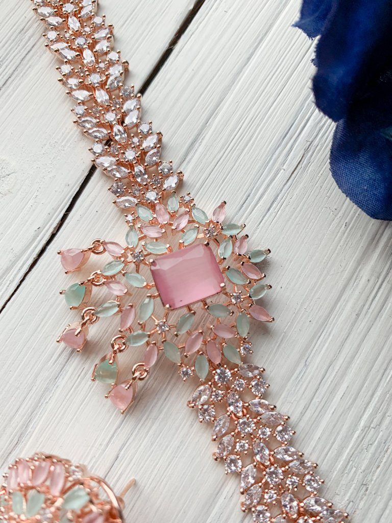 Captivate in Rose Gold & Pink Mint Necklace Sets THE KUNDAN SHOP 
