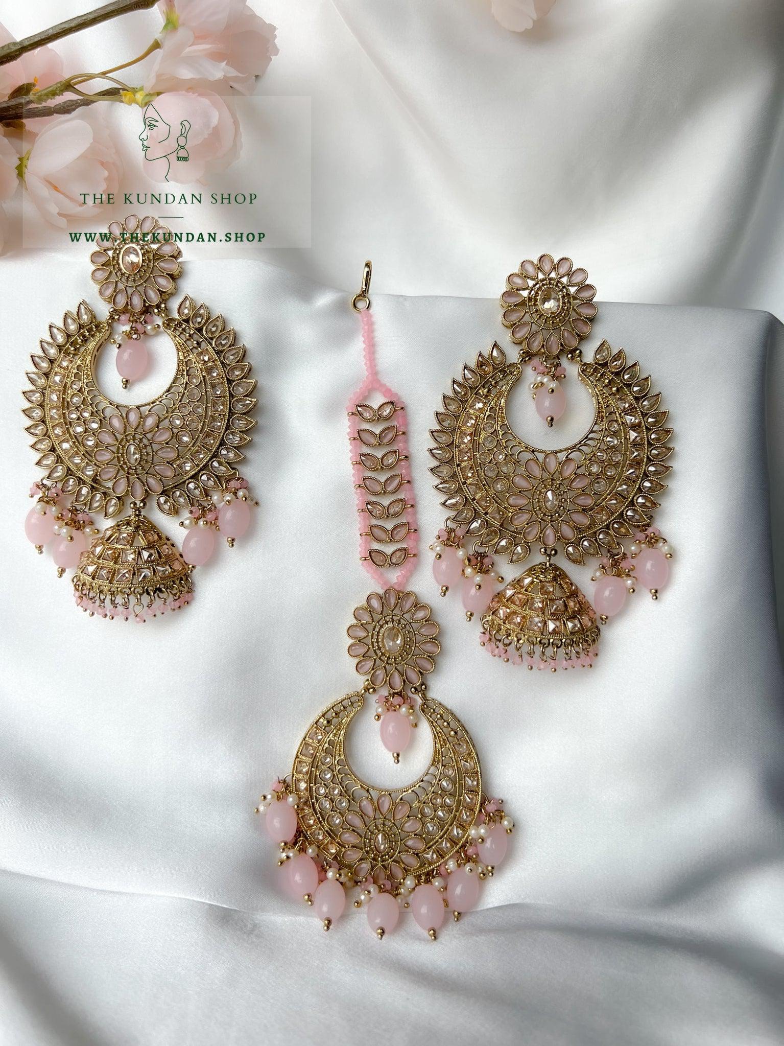 Chosen Polki in Pink Earrings + Tikka THE KUNDAN SHOP 