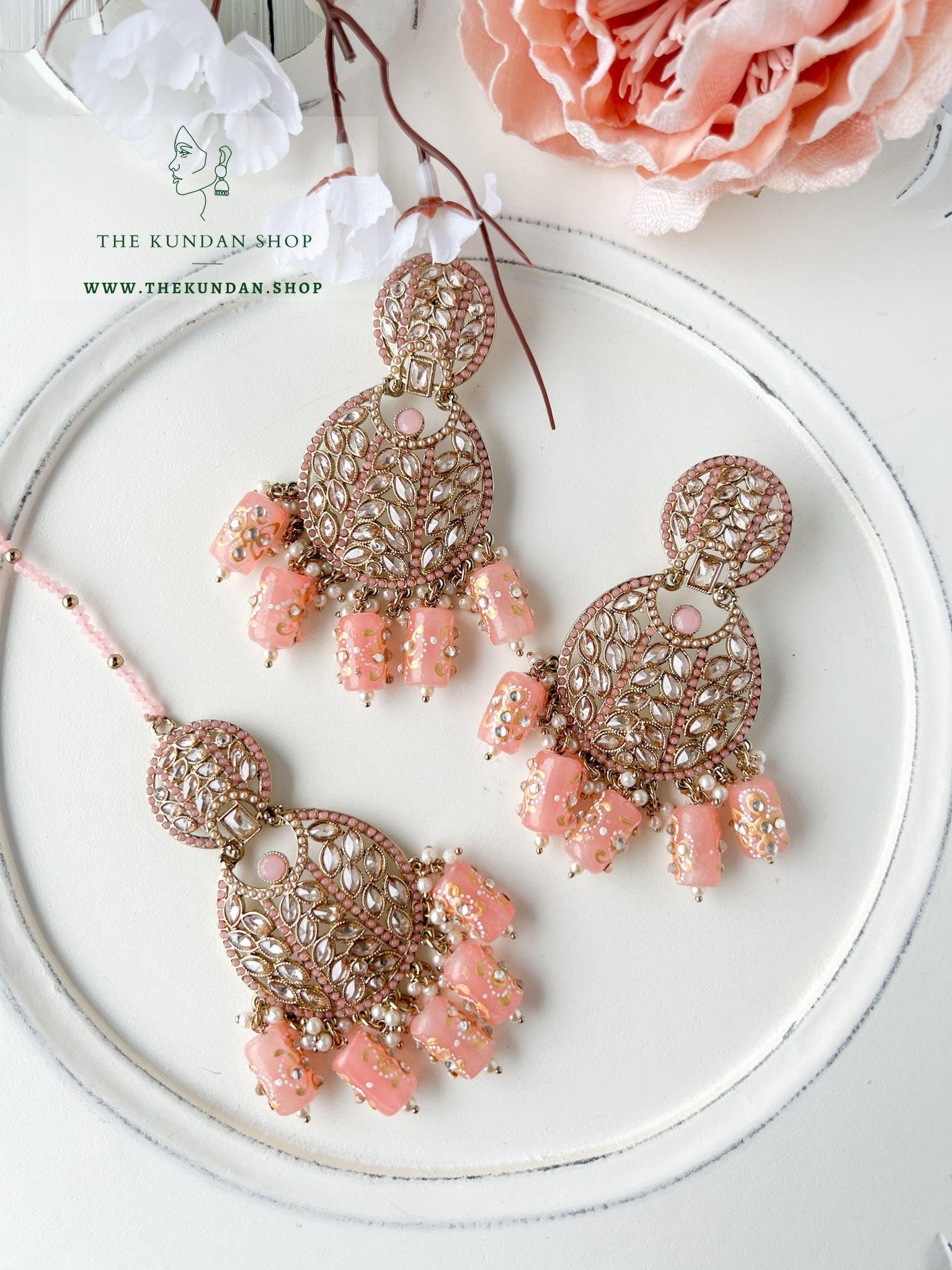 Whispers in Light Pink Earrings + Tikka THE KUNDAN SHOP 