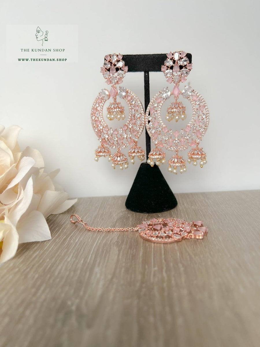 Humble in Rose Gold & Pink Earrings + Tikka THE KUNDAN SHOP 