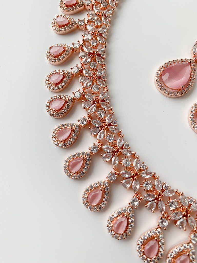 Pink Teardrops in Rose Gold Necklace Sets THE KUNDAN SHOP 