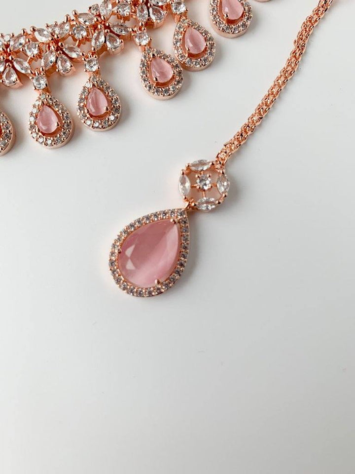 Pink Teardrops in Rose Gold Necklace Sets THE KUNDAN SHOP 