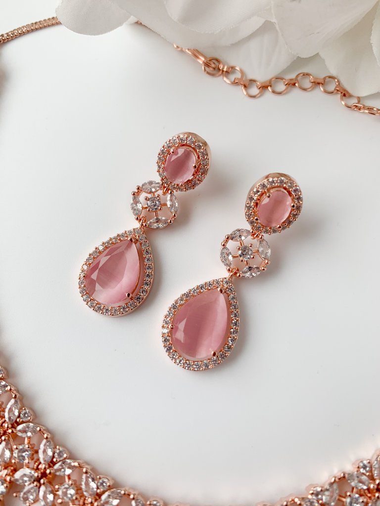 Pink Teardrops in Rose Gold Necklace Sets THE KUNDAN SHOP 