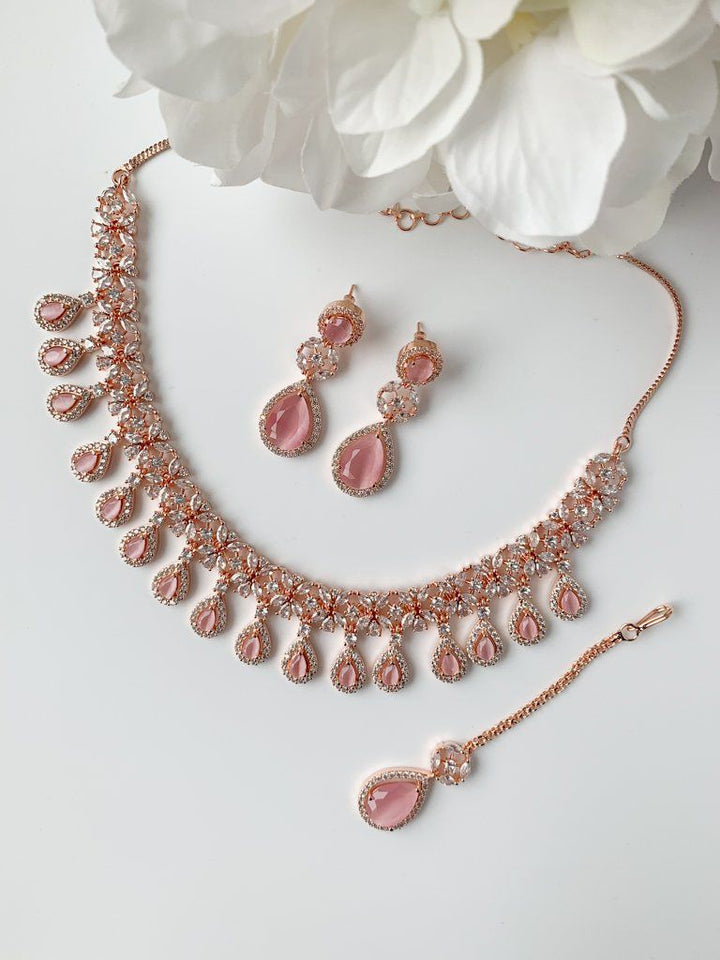 Pink Teardrops in Rose Gold Necklace Sets THE KUNDAN SHOP 