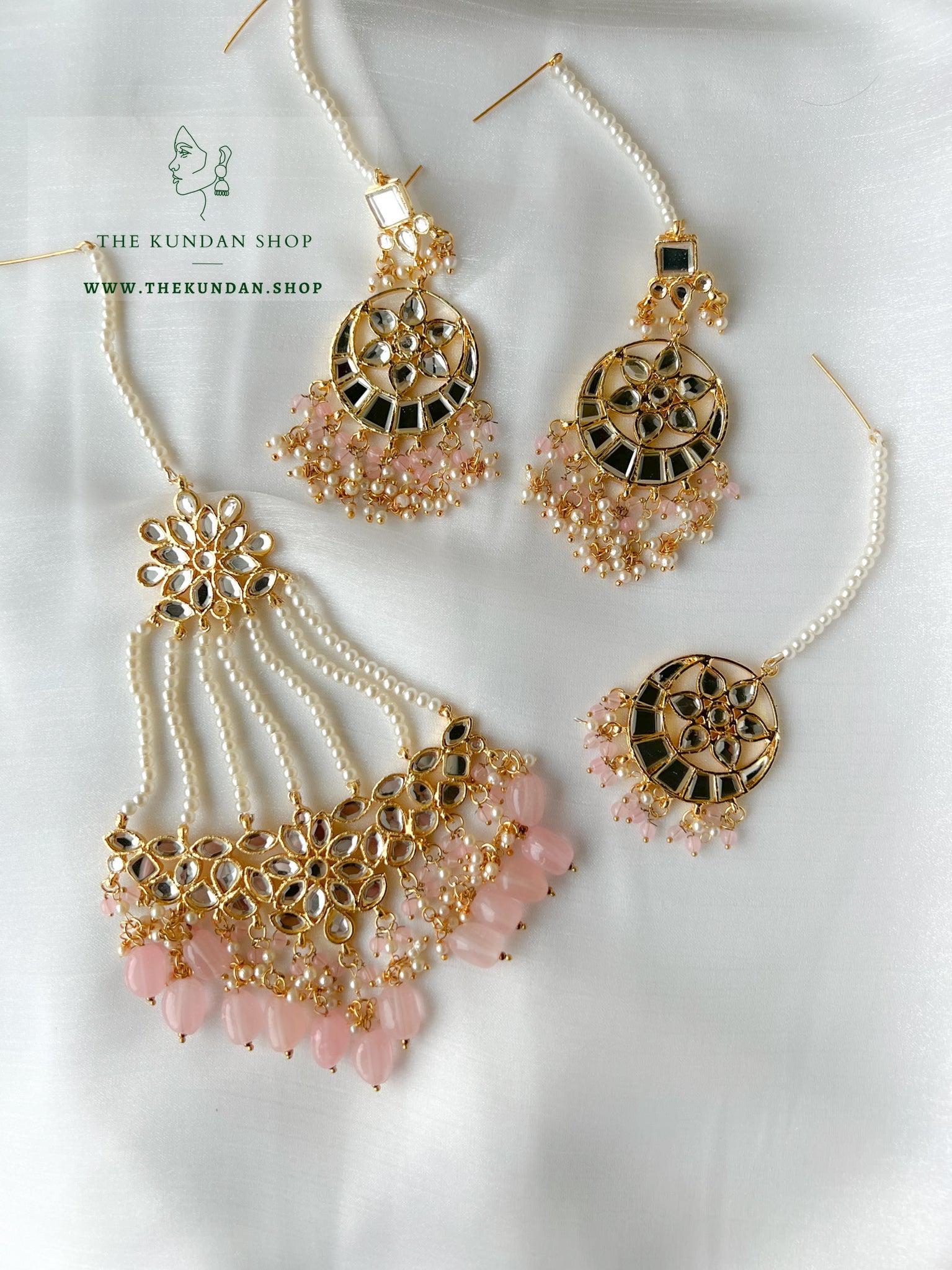 Flashy Mirror in Light Pink Earrings + Tikka THE KUNDAN SHOP 