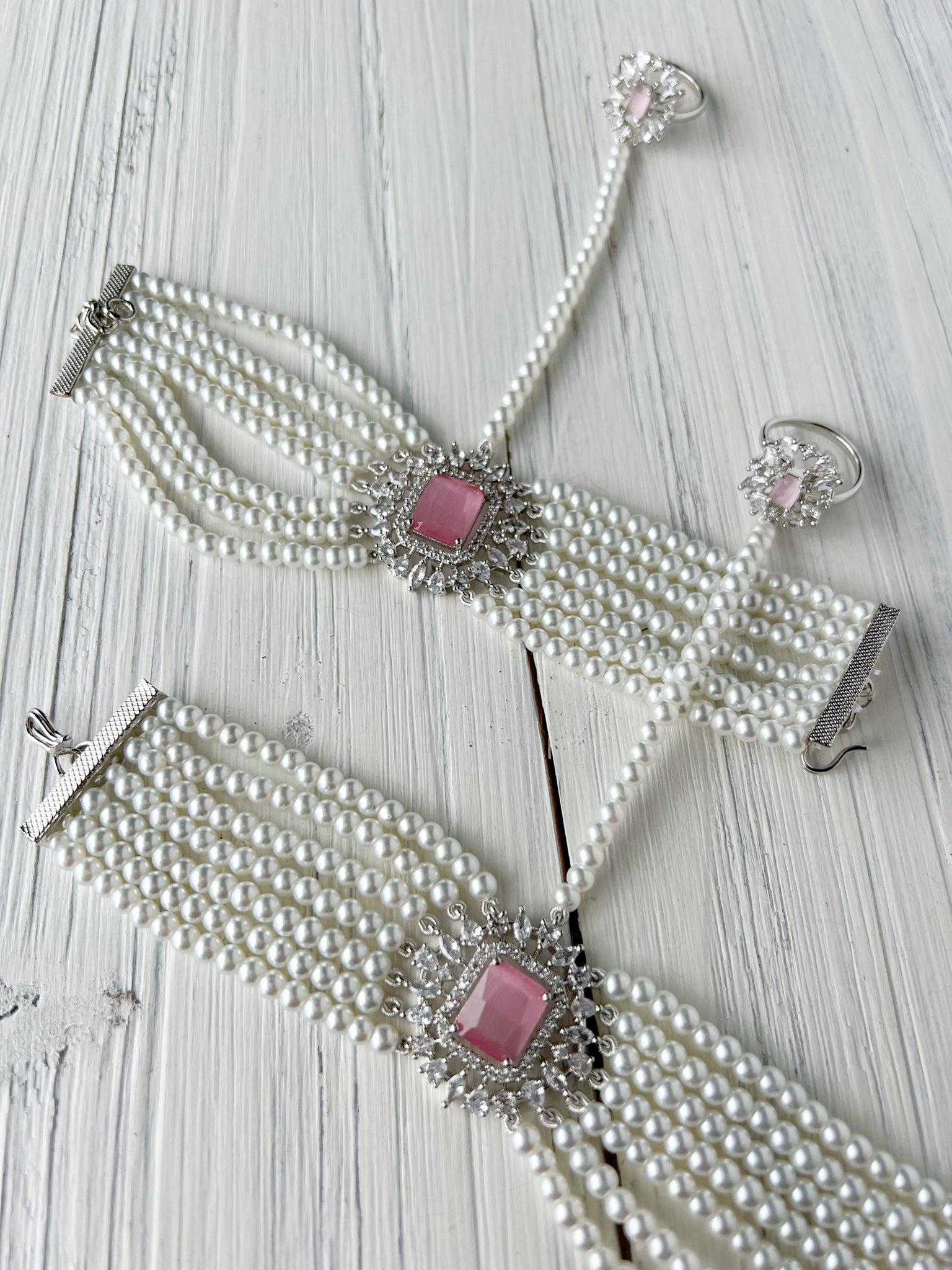 Exquisite Hand Piece in Silver & Pink Ring THE KUNDAN SHOP 