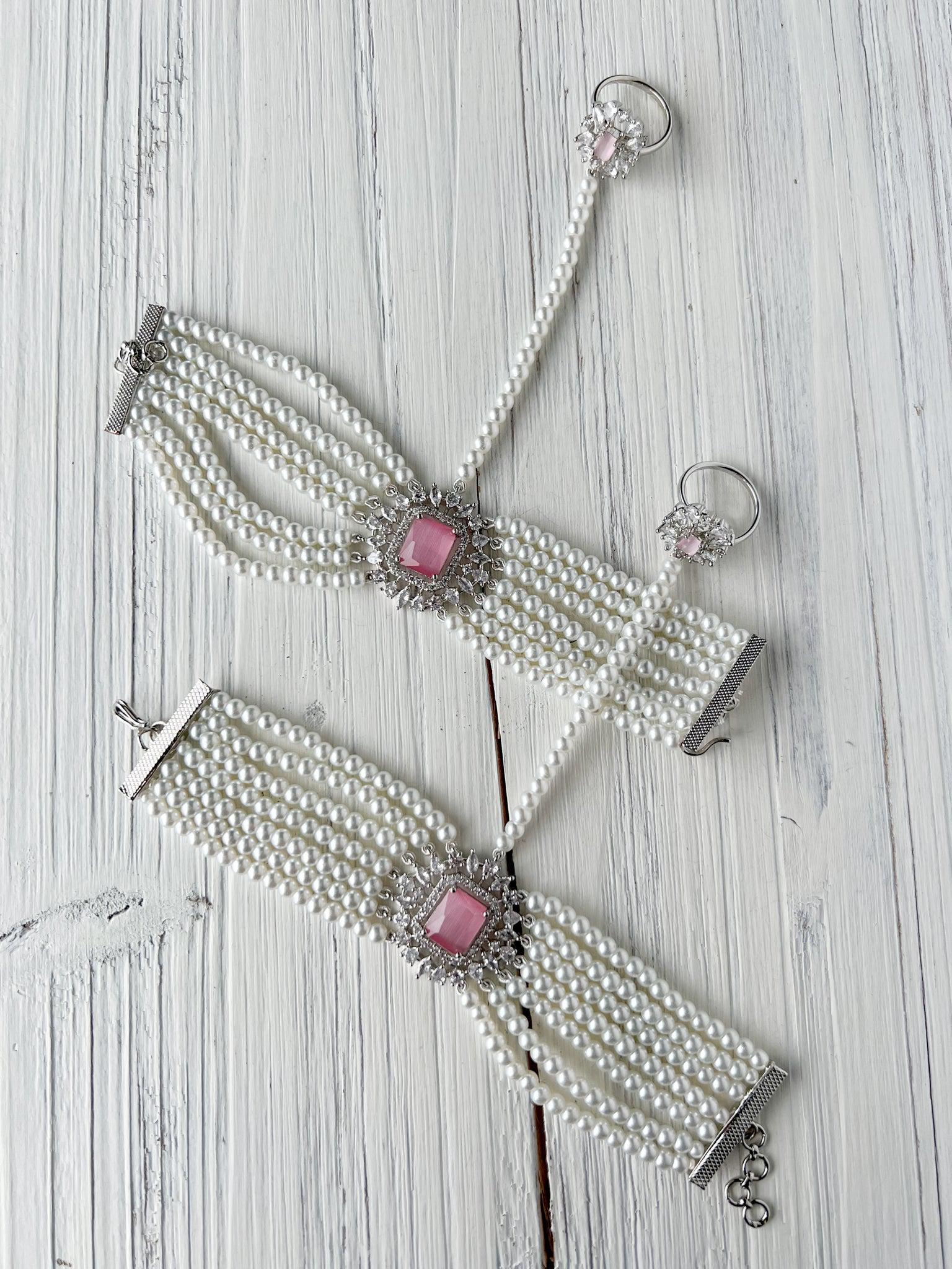 Exquisite Hand Piece in Silver & Pink Ring THE KUNDAN SHOP 