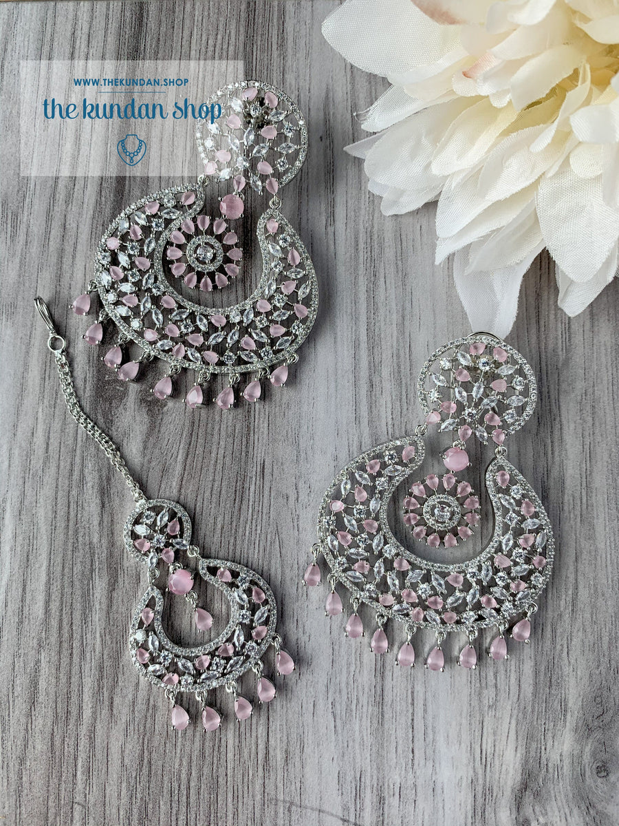 Brilliance in Silver & Pink Earrings + Tikka THE KUNDAN SHOP 