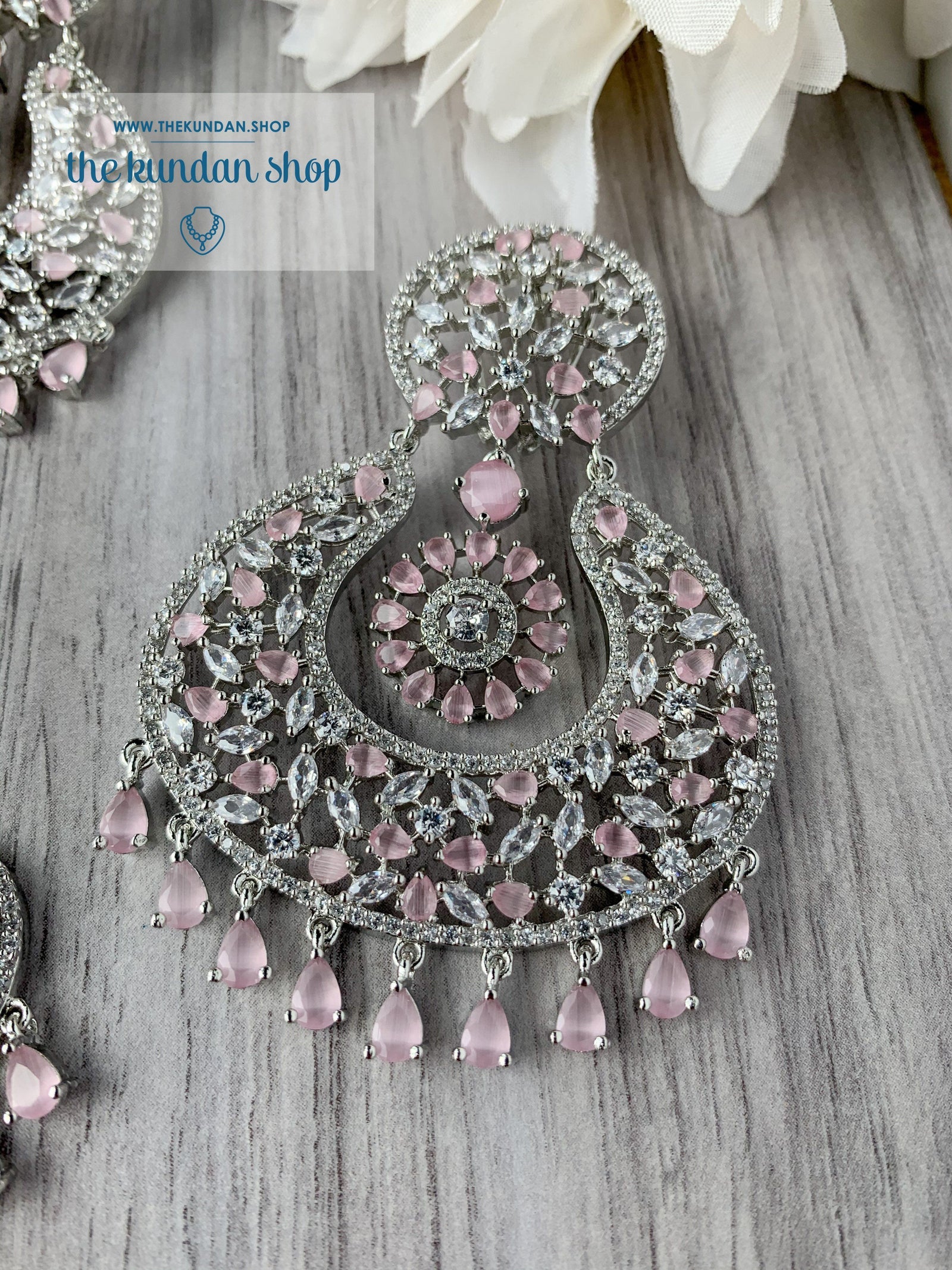 Brilliance in Silver & Pink Earrings + Tikka THE KUNDAN SHOP 