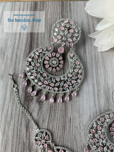 Brilliance in Silver & Pink Earrings + Tikka THE KUNDAN SHOP 