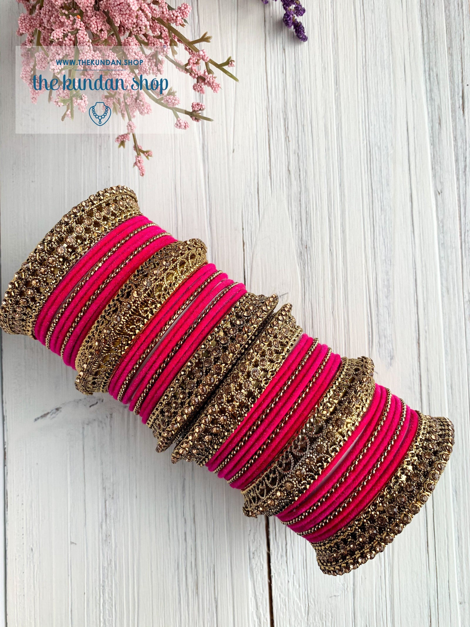 Pink Velvet & Bronze Bangle Set Bangles THE KUNDAN SHOP 