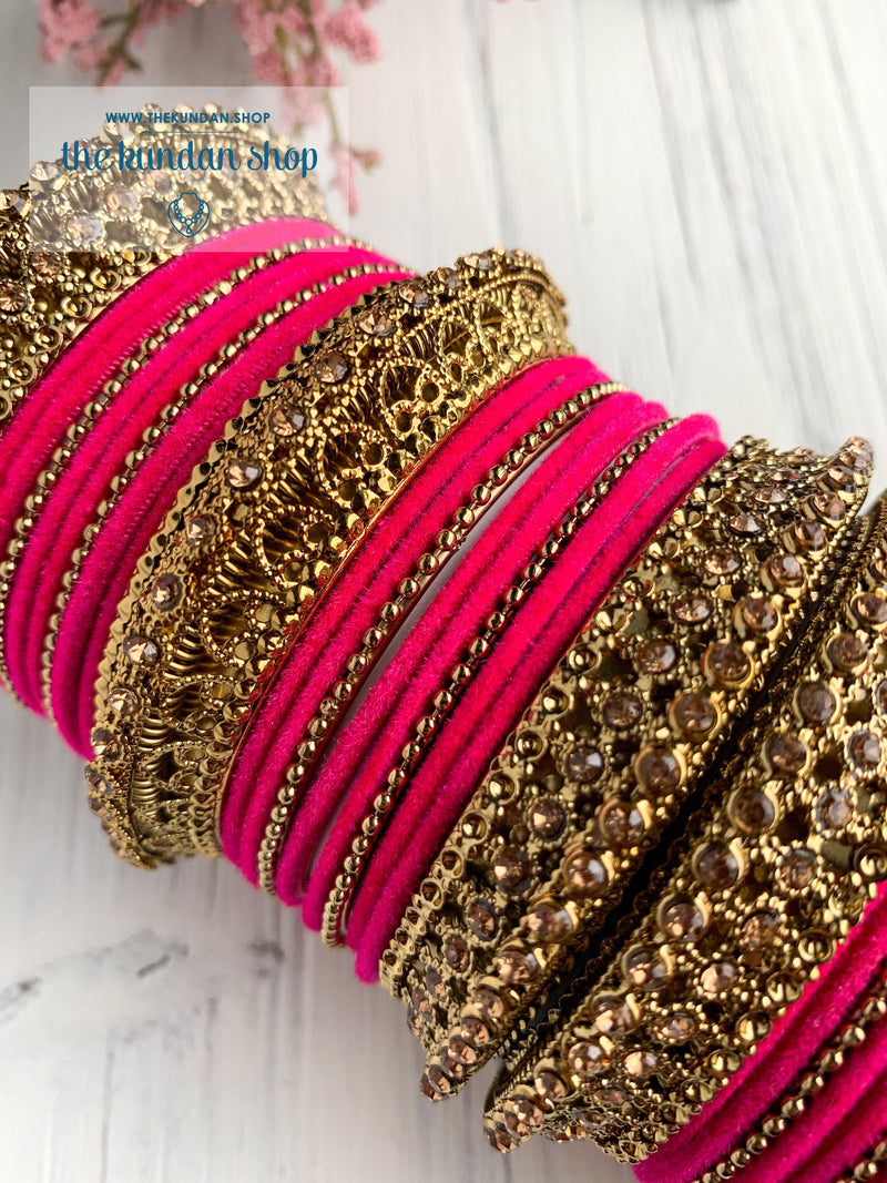 Pink Velvet & Bronze Bangle Set Bangles THE KUNDAN SHOP 