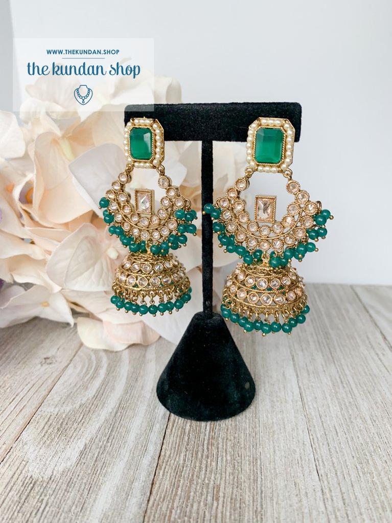 Allured Jhumkis Earrings THE KUNDAN SHOP Green 