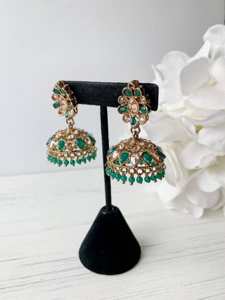 Tear Drop Prime Jhumkis Earrings THE KUNDAN SHOP Green 