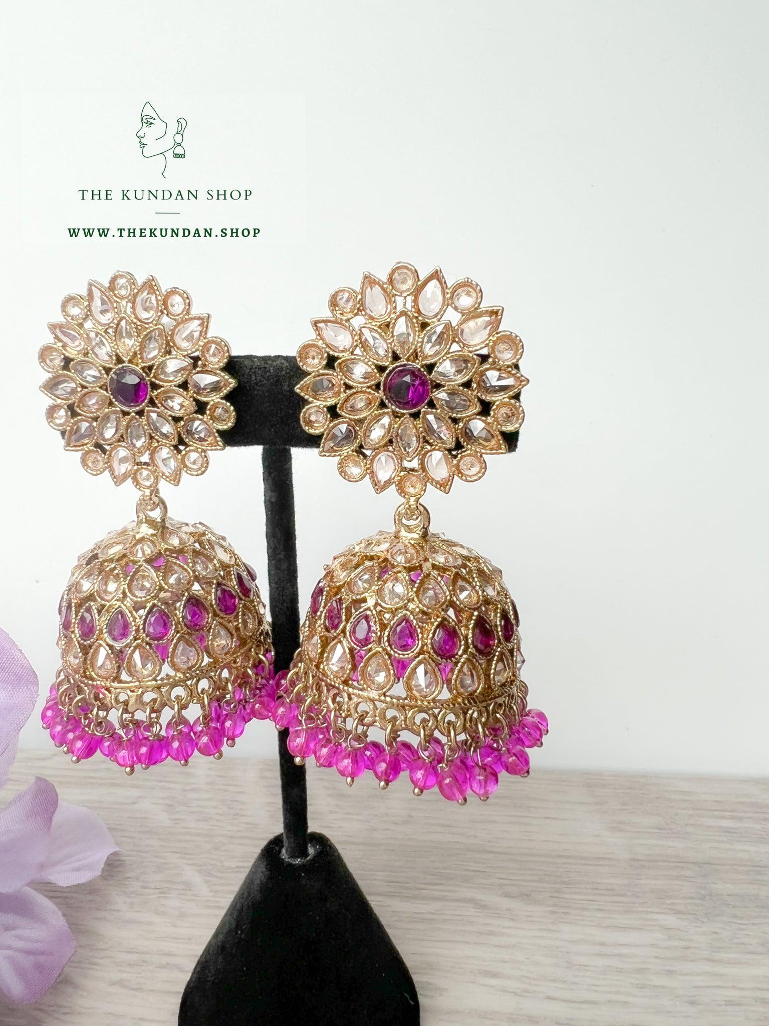 Misty Jhumkis in Purple Earrings + Tikka THE KUNDAN SHOP 