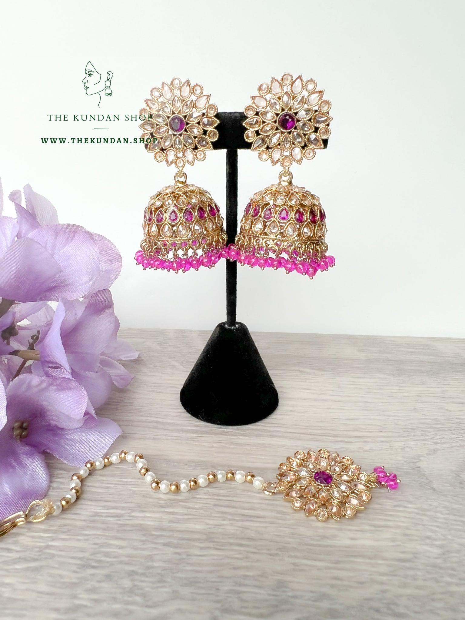 Misty Jhumkis in Purple Earrings + Tikka THE KUNDAN SHOP 
