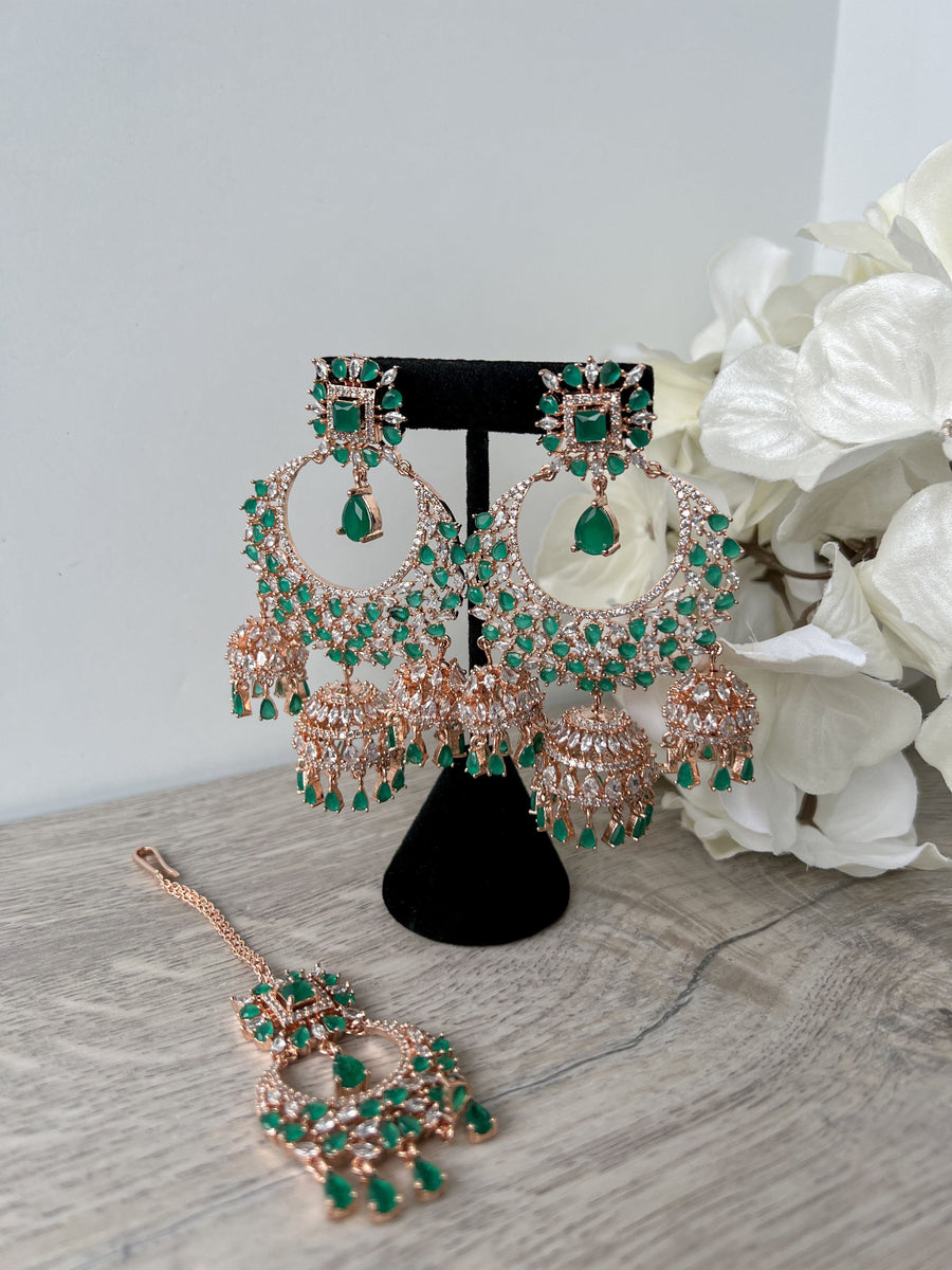 Radiance - Rose Gold + Emerald Earrings + Tikka THE KUNDAN SHOP All Over Emerald 