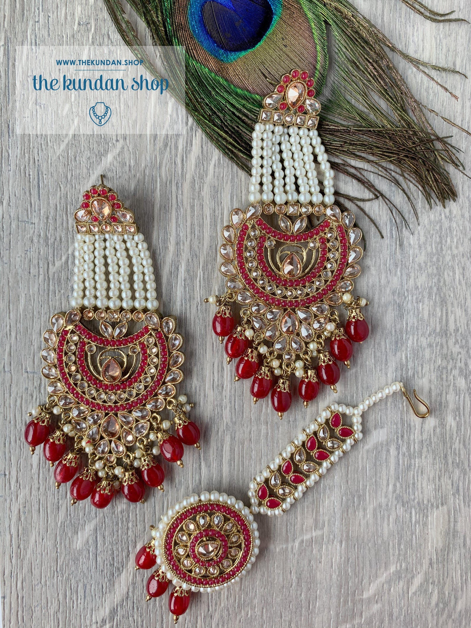 Illusion Set in Red Earrings + Tikka THE KUNDAN SHOP 