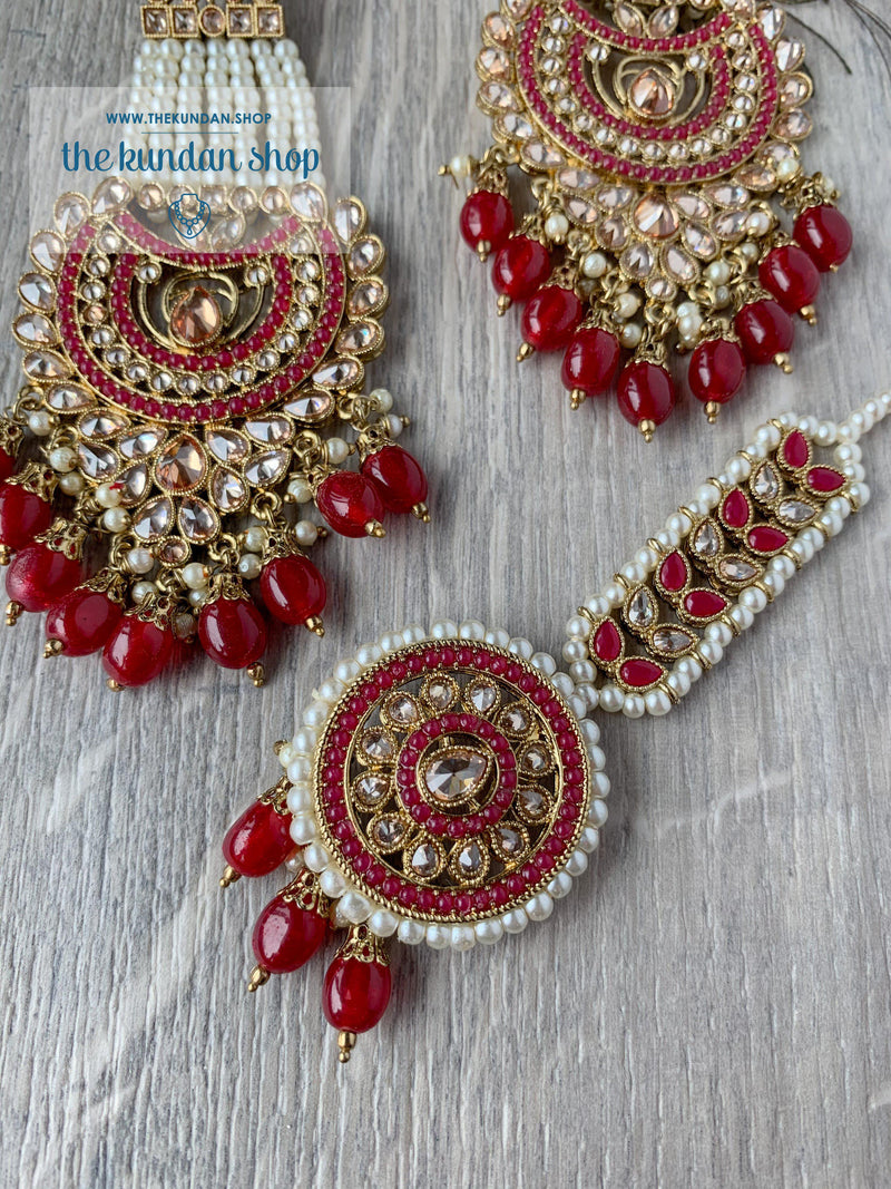 Illusion Set in Red Earrings + Tikka THE KUNDAN SHOP 
