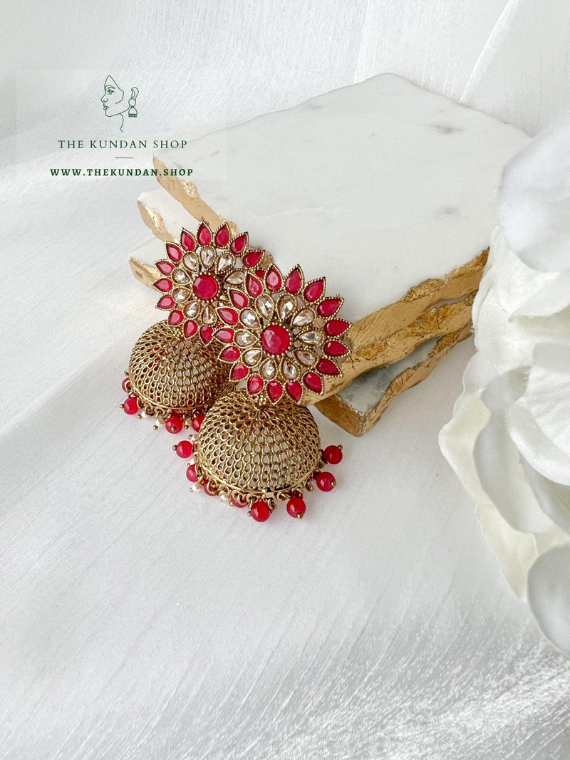 Floral Jhumkis Earrings THE KUNDAN SHOP Red 