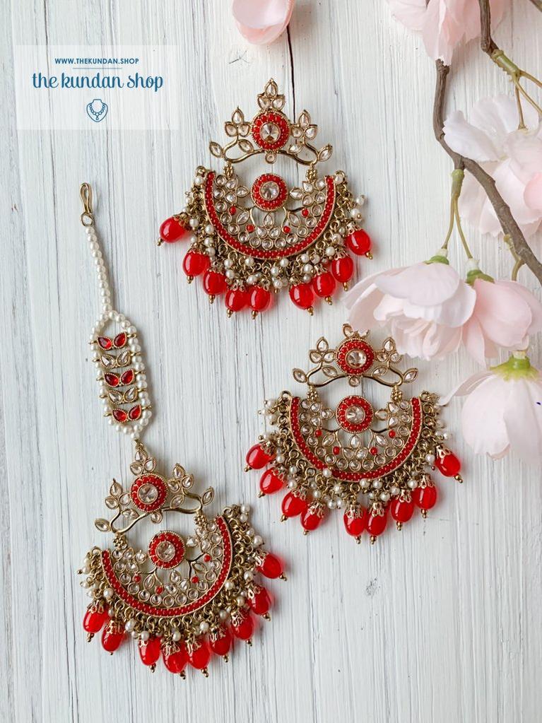 Dedication in Red Earrings + Tikka THE KUNDAN SHOP 