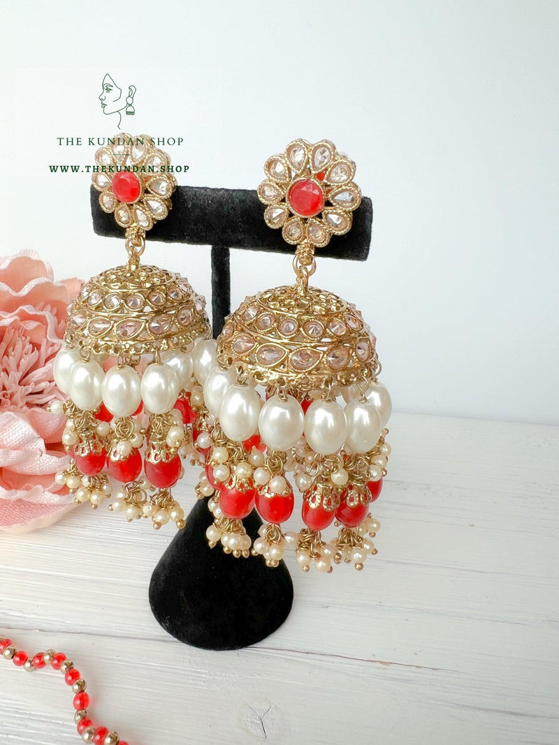 Finery Jhumkis in Red Earrings + Tikka THE KUNDAN SHOP 