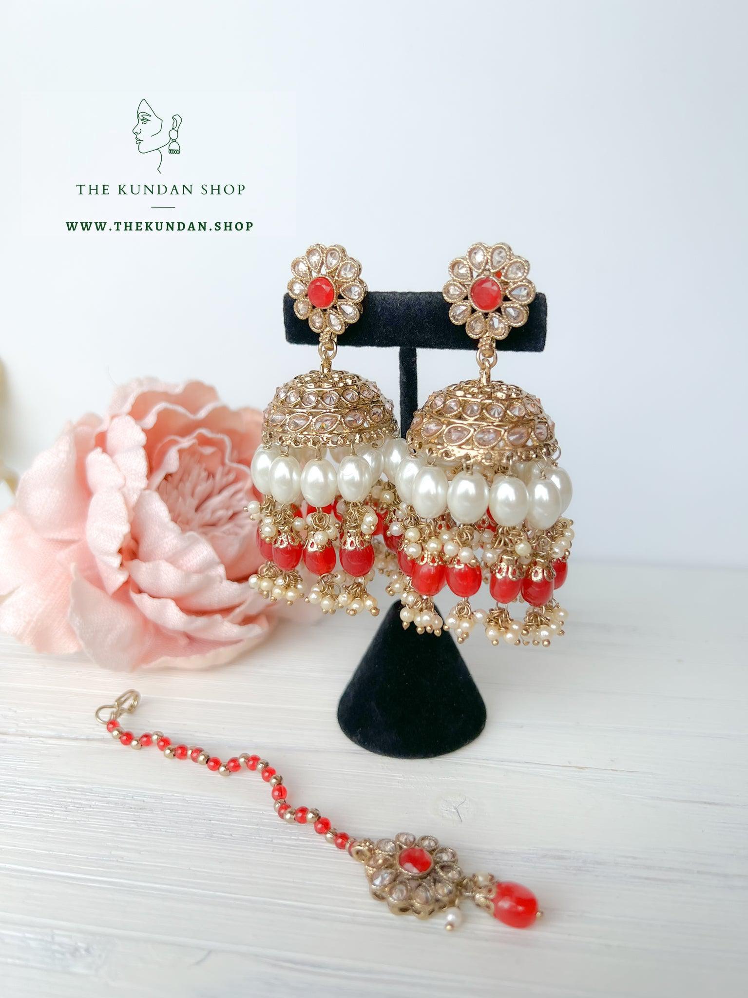 Finery Jhumkis in Red Earrings + Tikka THE KUNDAN SHOP 