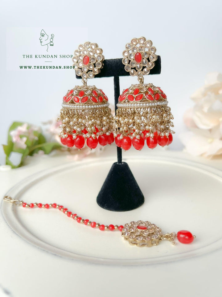 Jhumkis from Heaven in Red Earrings + Tikka THE KUNDAN SHOP 