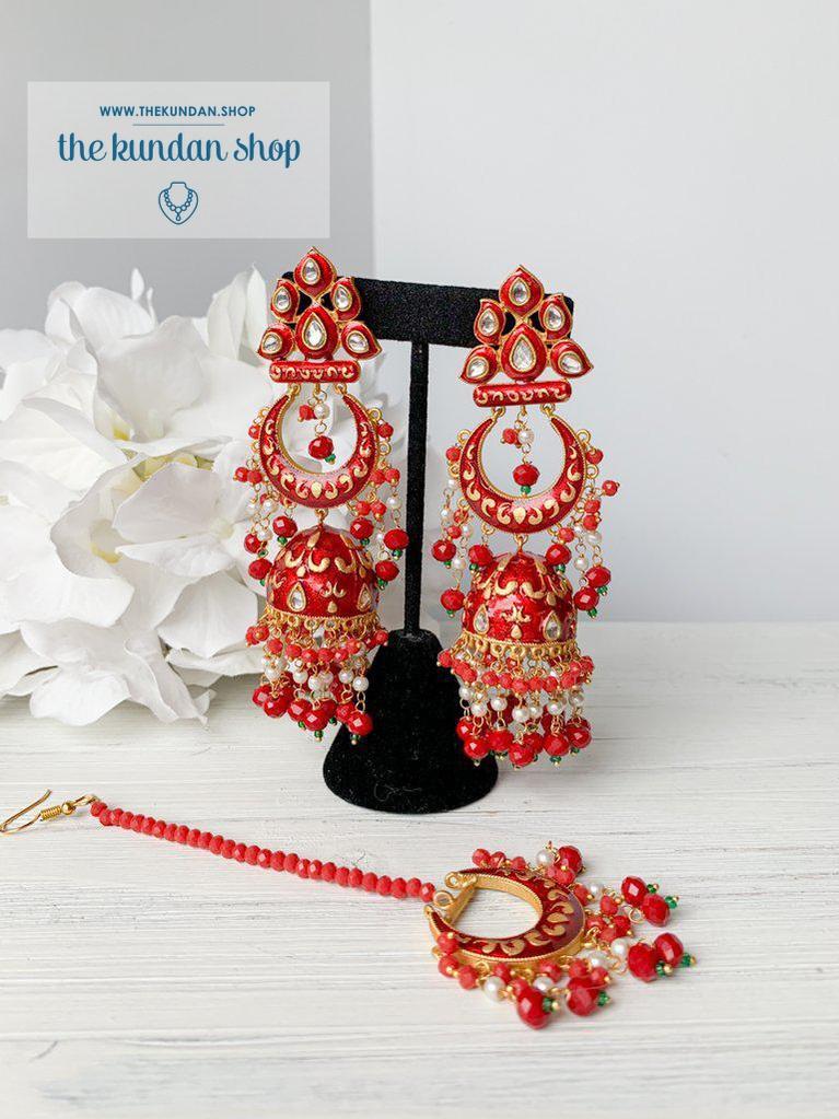 Persuasive in Red Earrings + Tikka THE KUNDAN SHOP 