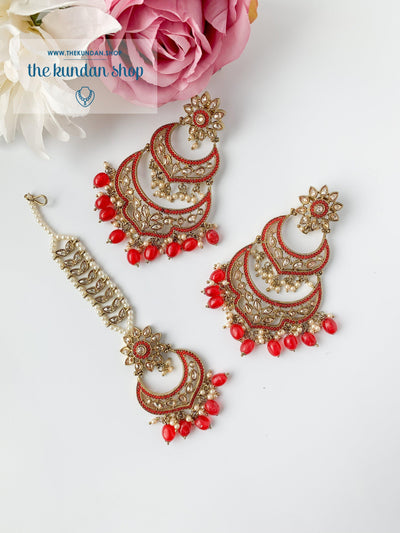 A Princess Polki in Red Earrings + Tikka THE KUNDAN SHOP 