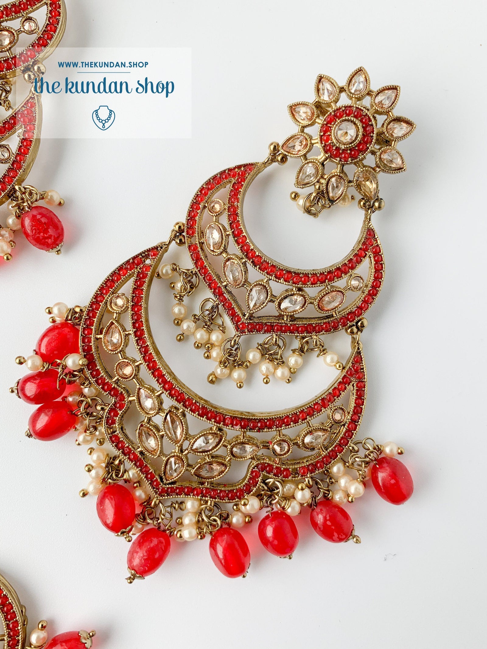 A Princess Polki in Red Earrings + Tikka THE KUNDAN SHOP 