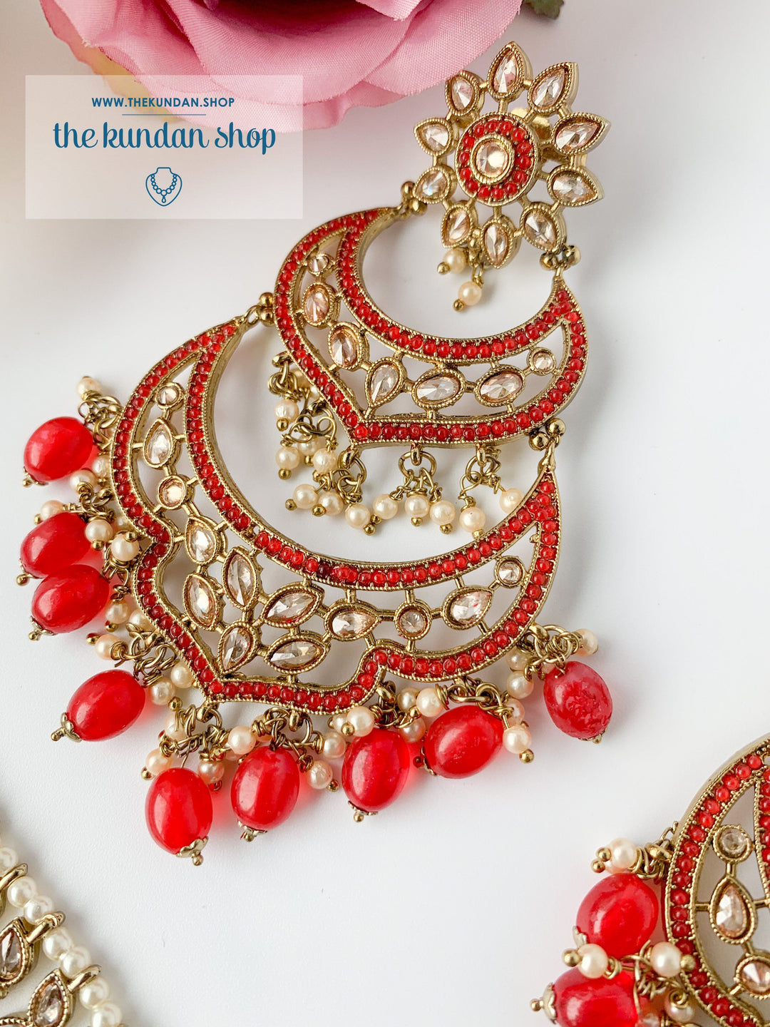 A Princess Polki in Red Earrings + Tikka THE KUNDAN SHOP 